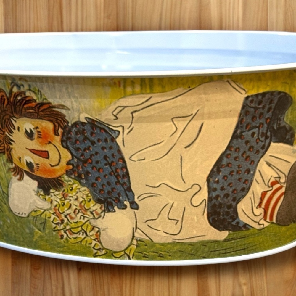 Vintage Raggedy Ann & Andy Collectible Oval BLUE TIN BASKET CONTAINER  W/Handles - Picture 8 of 9